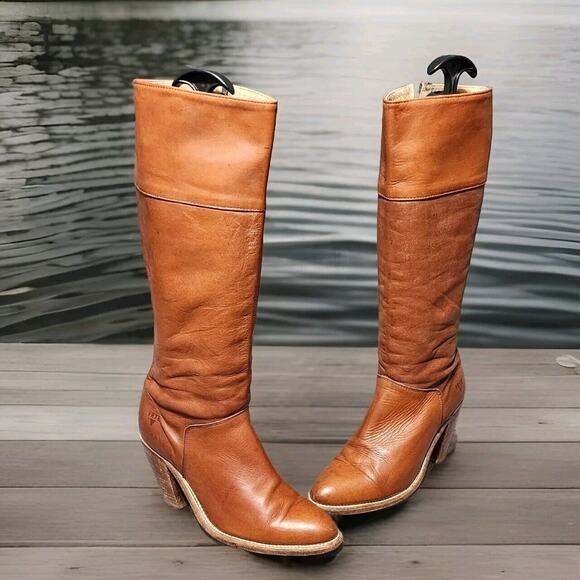 Frye Vintage Cognac Leather Western Tall Heeled Boots Womens Zipper Campus 7 B - Picture 1 of 16